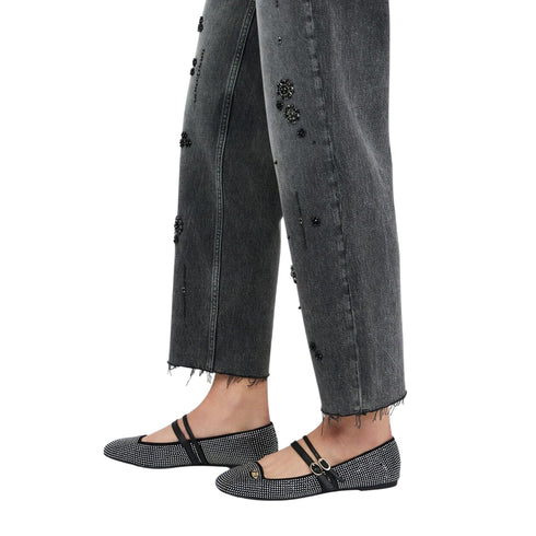 Jeans Donna straight con strass denim grigio dettaglio al fondo